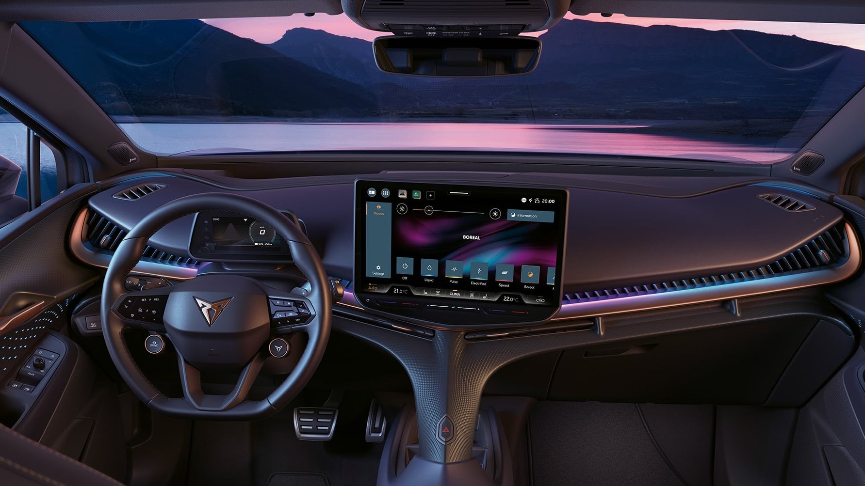The CUPRA Tavascan dashboard and infotainment screen, with a sunset over a lake beyond the windshield